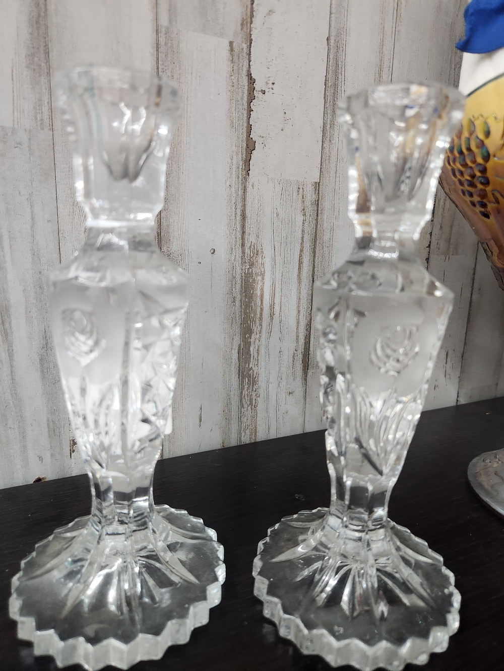 Leonard Silver MFG Clear Crystal Cut Glass Candlestick Pair